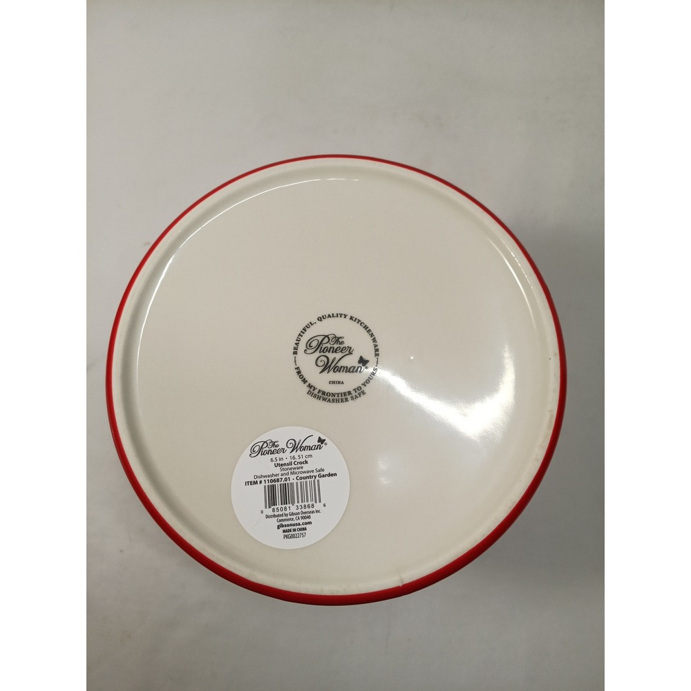 Pioneer Woman Country Garden Utensil Crock 6.5" Stoneware Floral Red Trim New - Picture 4 of 4